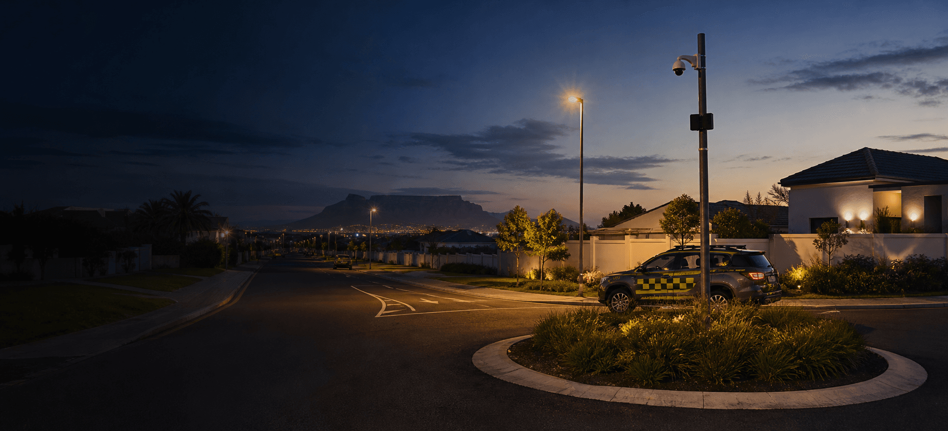 A calm Milnerton Ridge style residential street with patrol presence, CCTV, and maintained landscaping.